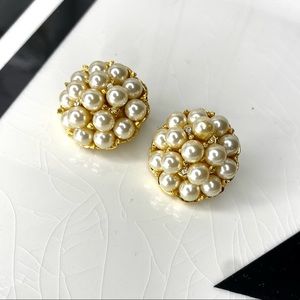 Authentic Vintage 80s Retro Glam Classy Pearl Diamond Cluster Earrings Cocktail